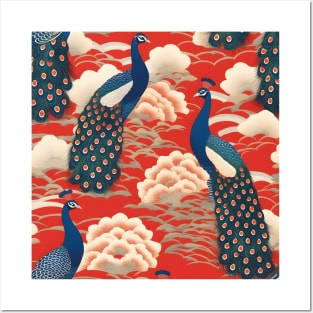 Japanese Kimono Pattern with Peacock Birds Posters and Art